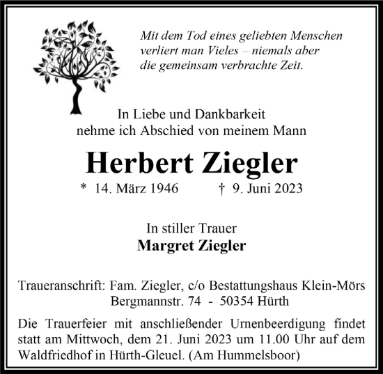 Anzeige von Herbert Ziegler von  Wochenende 