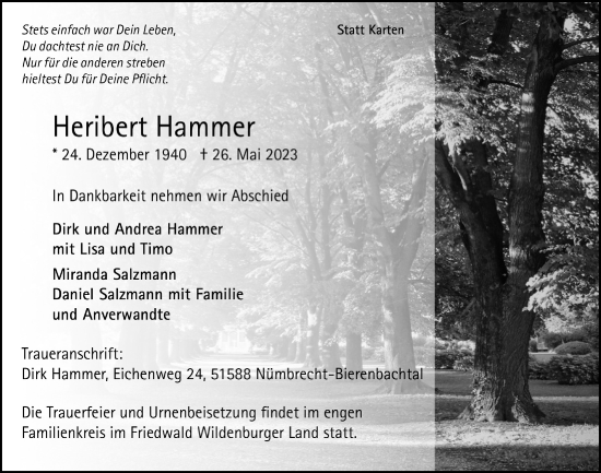 Anzeige von Heribert Hammer von  Anzeigen Echo  Lokalanzeiger 