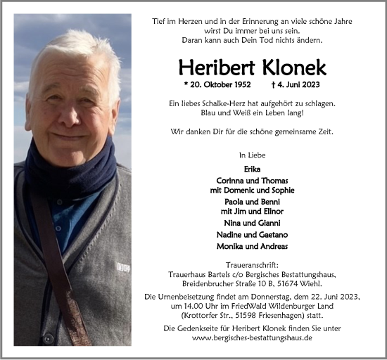 Anzeige von Heribert Klonek von  Anzeigen Echo 