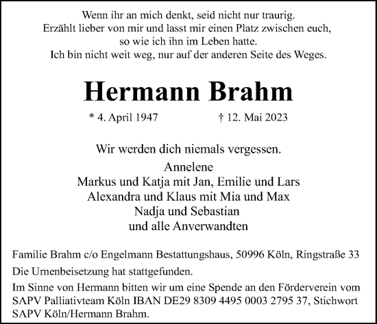 Anzeige von Hermann Brahm von Kölner Stadt-Anzeiger / Kölnische Rundschau / Express