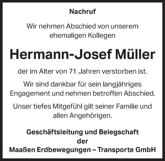 Anzeige von Hermann-Josef Müller von  Werbepost 