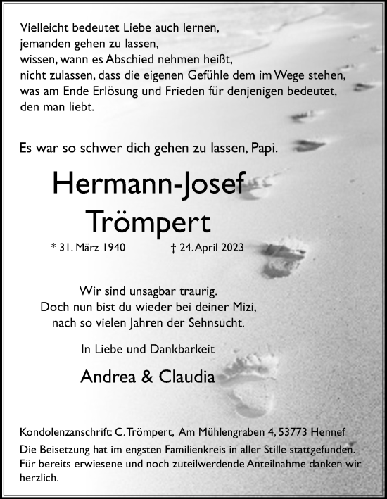 Anzeige von Hermann-Josef Trömpert von Kölner Stadt-Anzeiger / Kölnische Rundschau / Express