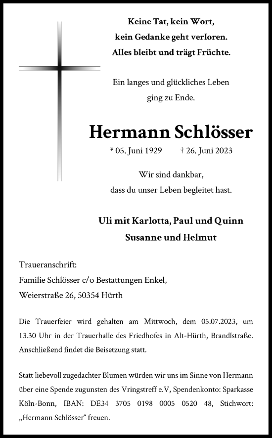 Anzeige von Hermann Schlösser von Kölner Stadt-Anzeiger / Kölnische Rundschau / Express