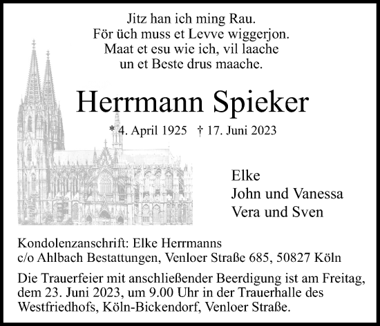 Anzeige von Herrmann Spieker von Kölner Stadt-Anzeiger / Kölnische Rundschau / Express