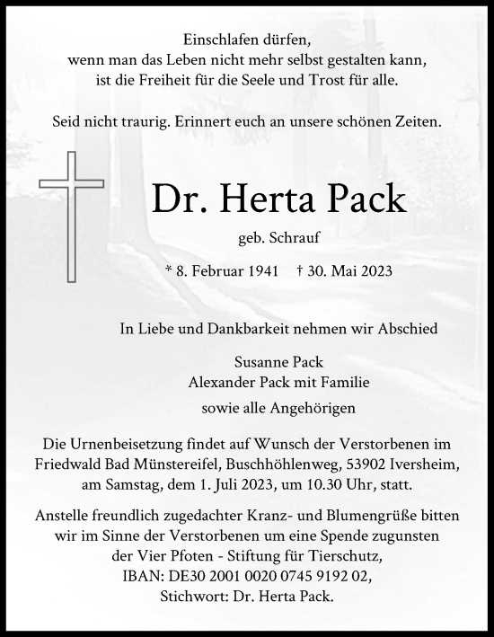 Anzeige von Herta Pack von Kölner Stadt-Anzeiger / Kölnische Rundschau / Express