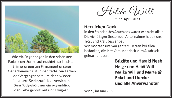 Anzeige von Hilde Will von  Anzeigen Echo 