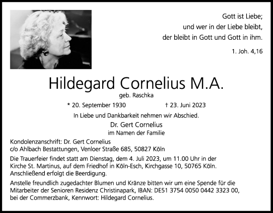 Anzeige von Hildegard Cornelius von Kölner Stadt-Anzeiger / Kölnische Rundschau / Express
