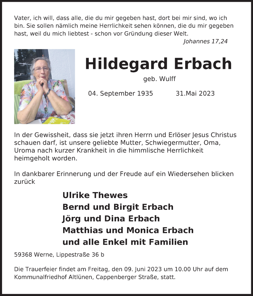  Traueranzeige für Hildegard Erbach vom 07.06.2023 aus Kölner Stadt-Anzeiger / Kölnische Rundschau / Express
