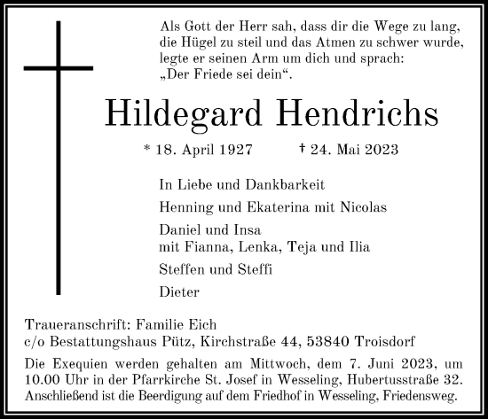 Anzeige von Hildegard Hendrichs von Kölner Stadt-Anzeiger / Kölnische Rundschau / Express