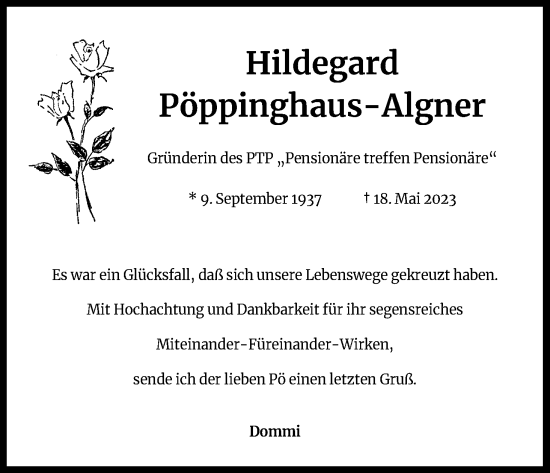 Anzeige von Hildegard Pöppinghaus-Algner von Kölner Stadt-Anzeiger / Kölnische Rundschau / Express