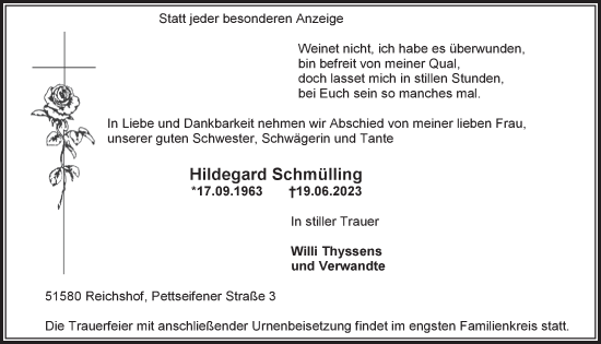 Anzeige von Hildegard Schmülling von  Anzeigen Echo 