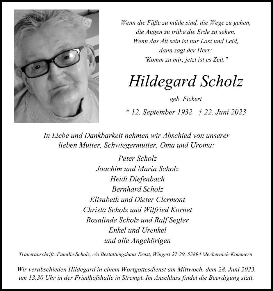  Traueranzeige für Hildegard Scholz vom 26.06.2023 aus Kölner Stadt-Anzeiger / Kölnische Rundschau / Express