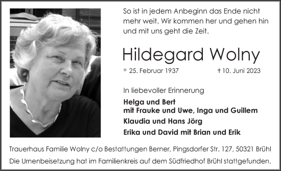 Anzeige von Hildegard Wolny von  Schlossbote/Werbekurier 