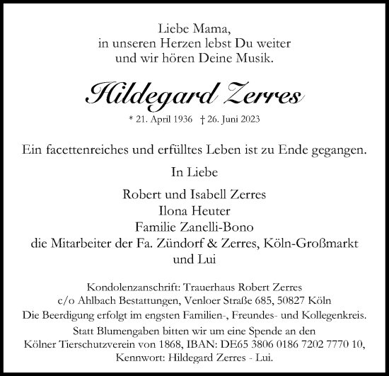 Anzeige von Hildegard Zerres von Kölner Stadt-Anzeiger / Kölnische Rundschau / Express