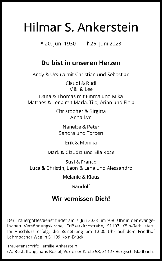 Anzeige von Hilmar S. Ankerstein von Kölner Stadt-Anzeiger / Kölnische Rundschau / Express