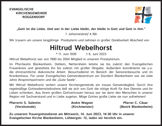 Anzeige von Hiltrud Webelhorst von Kölner Stadt-Anzeiger / Kölnische Rundschau / Express