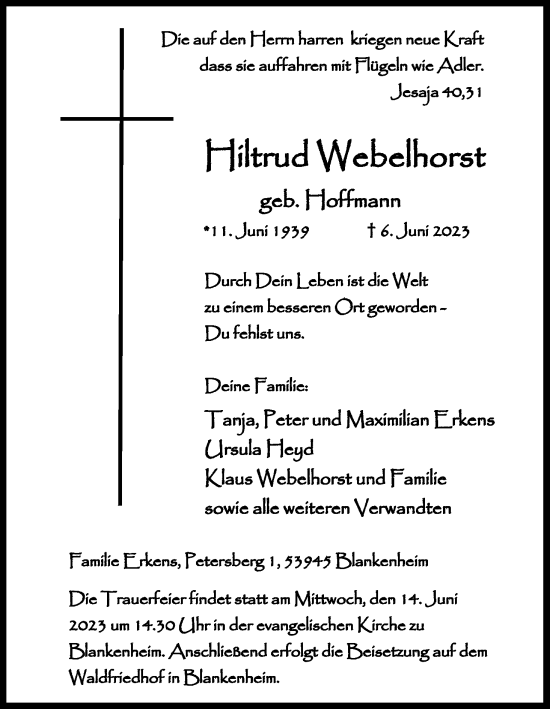 Anzeige von Hiltrud Webelhorst von Kölner Stadt-Anzeiger / Kölnische Rundschau / Express