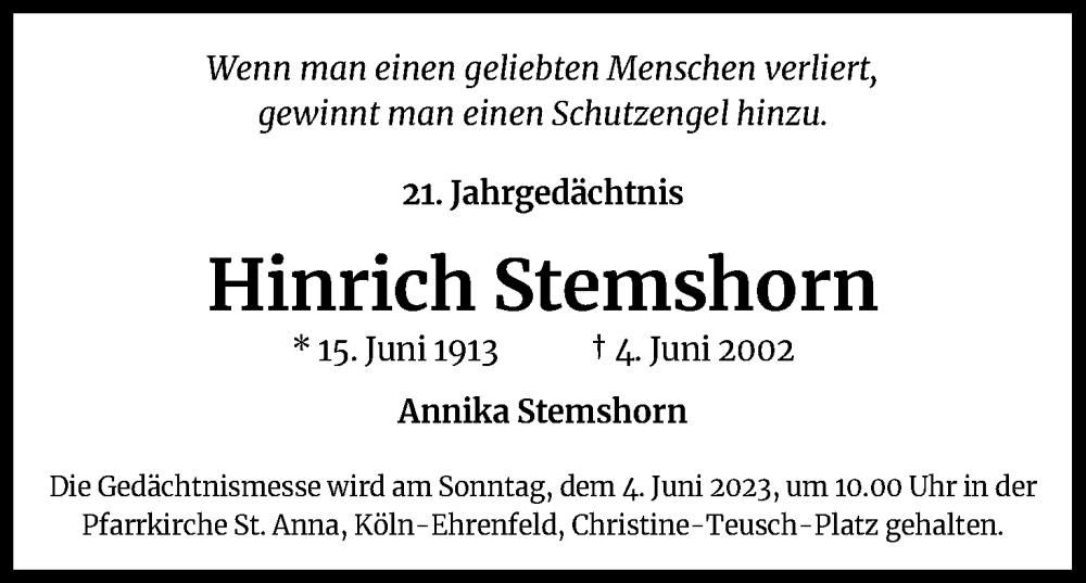  Traueranzeige für Hinrich Stemshorn vom 18.07.2023 aus Kölner Stadt-Anzeiger / Kölnische Rundschau / Express