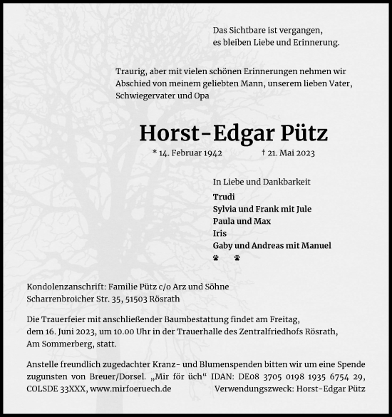 Anzeige von Horst-Edgar Pütz von Kölner Stadt-Anzeiger / Kölnische Rundschau / Express
