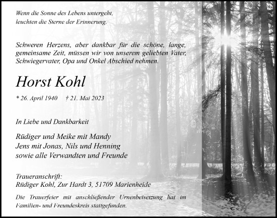 Anzeige von Horst Kohl von  Anzeigen Echo 
