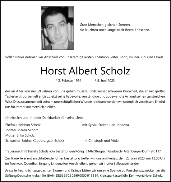 Anzeige von Horst Albert Scholz von Kölner Stadt-Anzeiger / Kölnische Rundschau / Express