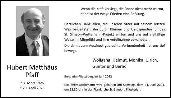 Anzeige von Hubert Matthäus Pfaff von  Werbepost 
