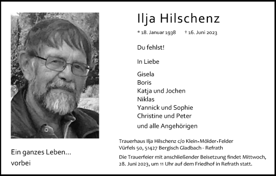 Anzeige von Ilja Hilschenz von Kölner Stadt-Anzeiger / Kölnische Rundschau / Express