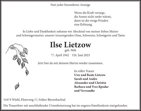 Anzeige von Ilse Lietzow von  Anzeigen Echo  Lokalanzeiger 