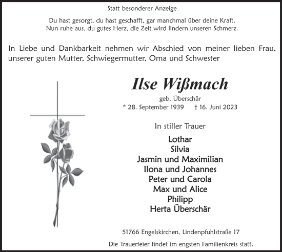 Anzeige von Ilse Wißmach von  Anzeigen Echo 
