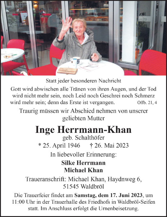 Anzeige von Inge Herrmann-Khan von  Lokalanzeiger 