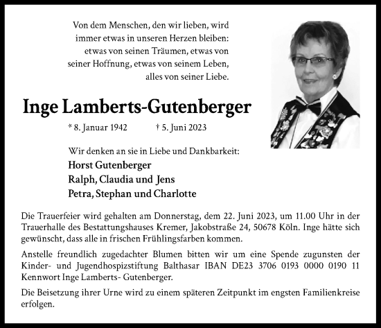 Anzeige von Inge Lamberts-Gutenberger von Kölner Stadt-Anzeiger / Kölnische Rundschau / Express