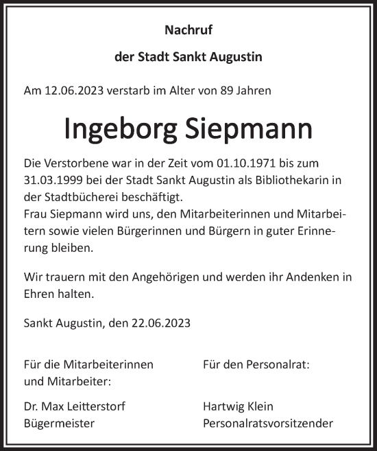 Anzeige von Ingeborg Siepmann von  Extra Blatt 