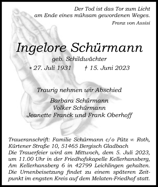Anzeige von Ingelore Schürmann von Kölner Stadt-Anzeiger / Kölnische Rundschau / Express