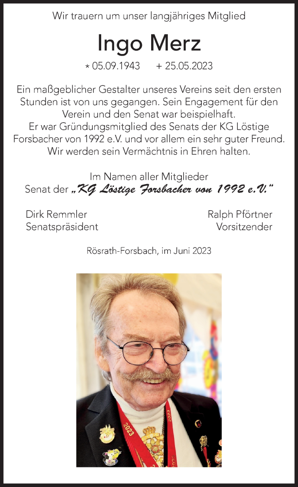  Traueranzeige für Ingo Merz vom 09.06.2023 aus  Bergisches Handelsblatt 