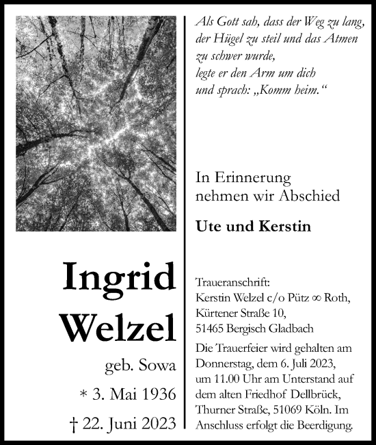 Anzeige von Ingrid Welzel von Kölner Stadt-Anzeiger / Kölnische Rundschau / Express