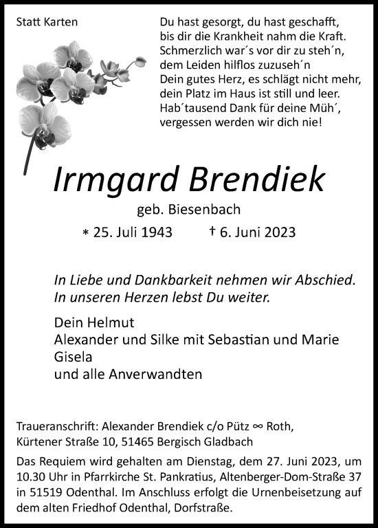 Anzeige von Irmgard Brendiek von Kölner Stadt-Anzeiger / Kölnische Rundschau / Express