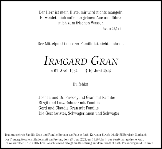 Anzeige von Irmgard Gran von Kölner Stadt-Anzeiger / Kölnische Rundschau / Express
