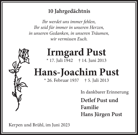 Anzeige von Irmgard Pust von  Werbepost 