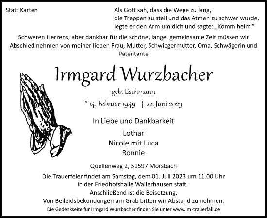 Anzeige von Irmgard Wurzbacker von Kölner Stadt-Anzeiger / Kölnische Rundschau / Express