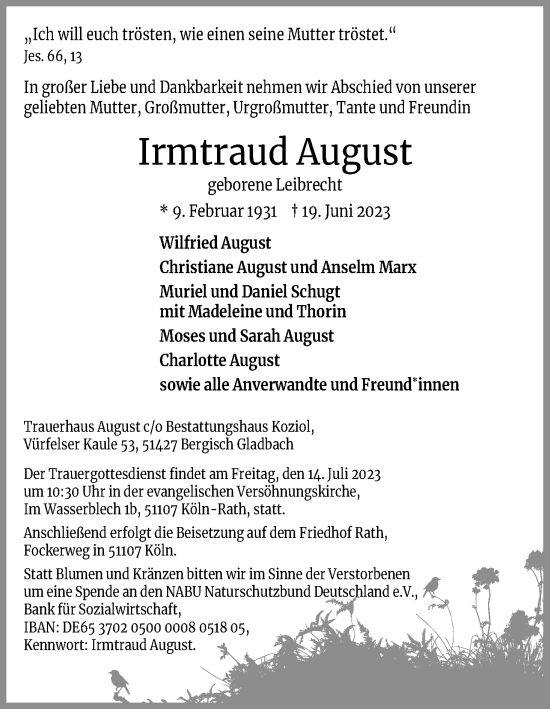 Anzeige von Irmtraud August von Kölner Stadt-Anzeiger / Kölnische Rundschau / Express