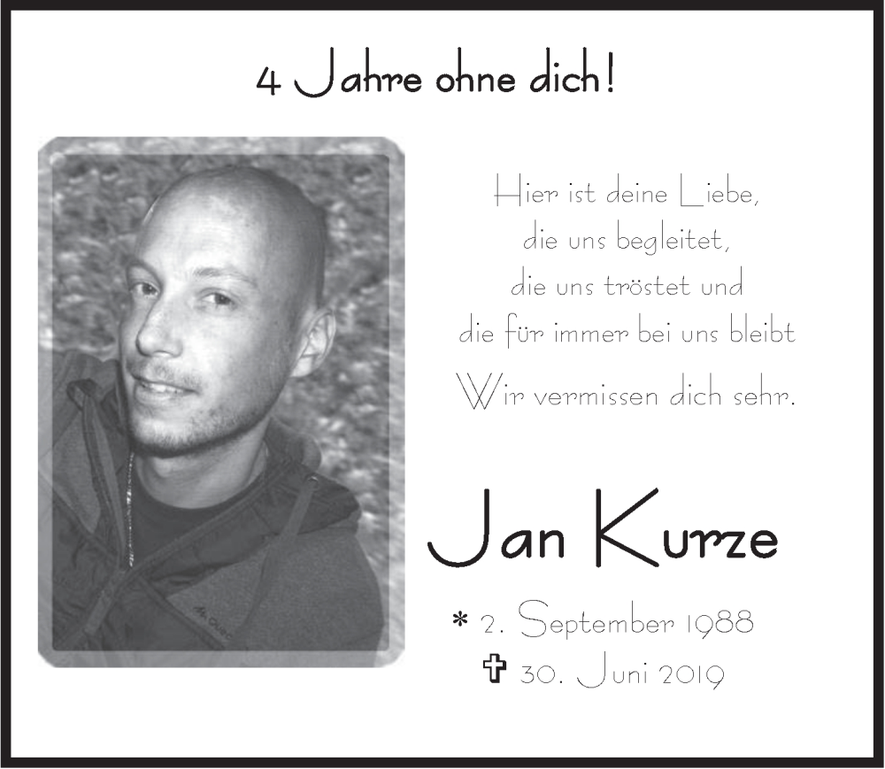  Traueranzeige für Jan Kurze vom 18.07.2023 aus  Anzeigen Echo 