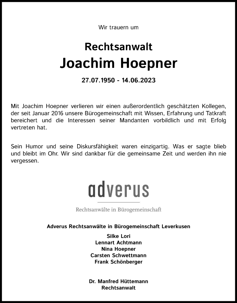  Traueranzeige für Joachim Hoepner vom 18.07.2023 aus Kölner Stadt-Anzeiger / Kölnische Rundschau / Express