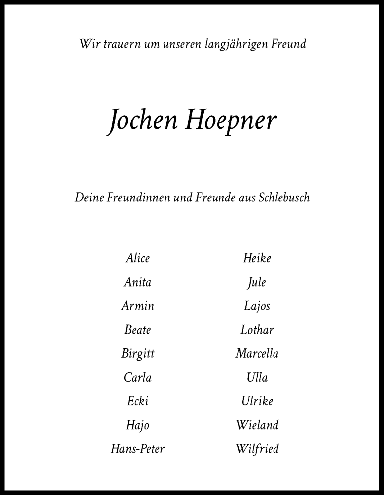  Traueranzeige für Joachim Hoepner vom 18.07.2023 aus Kölner Stadt-Anzeiger / Kölnische Rundschau / Express