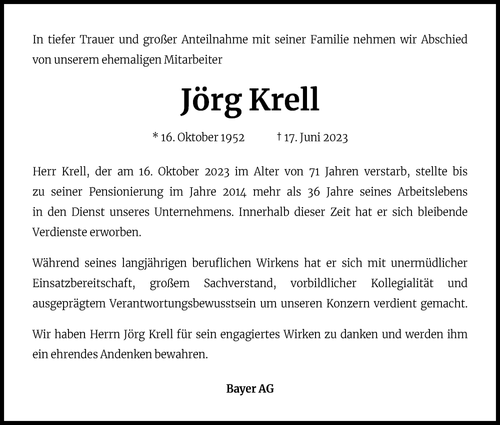  Traueranzeige für Jörg Krell vom 18.07.2023 aus Kölner Stadt-Anzeiger / Kölnische Rundschau / Express