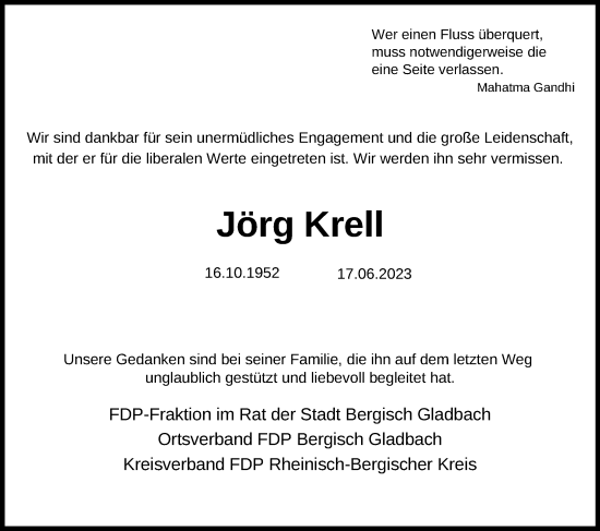 Anzeige von Jörg Krell von Kölner Stadt-Anzeiger / Kölnische Rundschau / Express