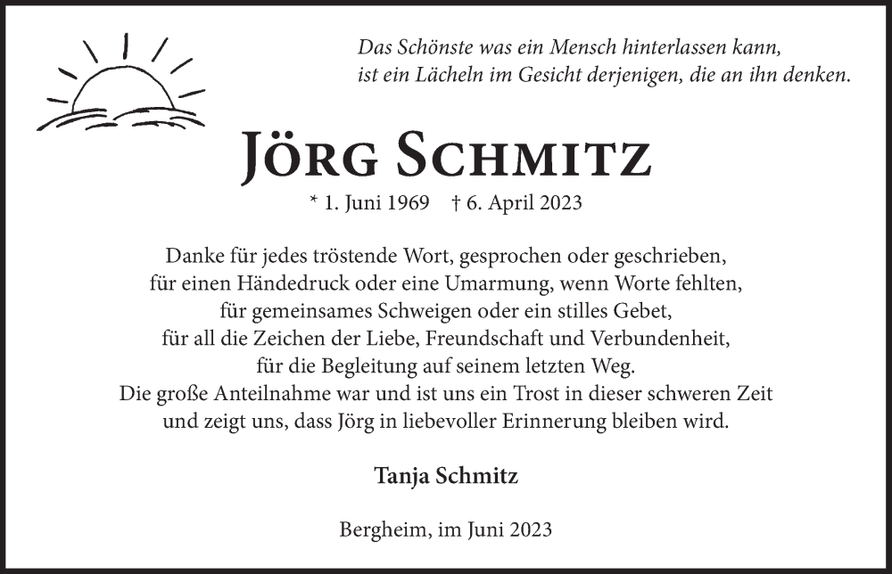  Traueranzeige für Jörg Schmitz vom 16.06.2023 aus  Werbepost 