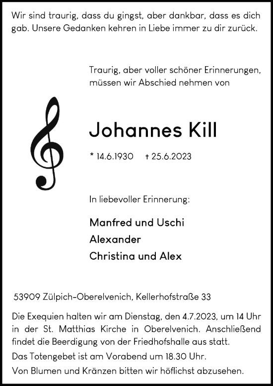 Anzeige von Johannes Kill von  Blickpunkt Euskirchen 