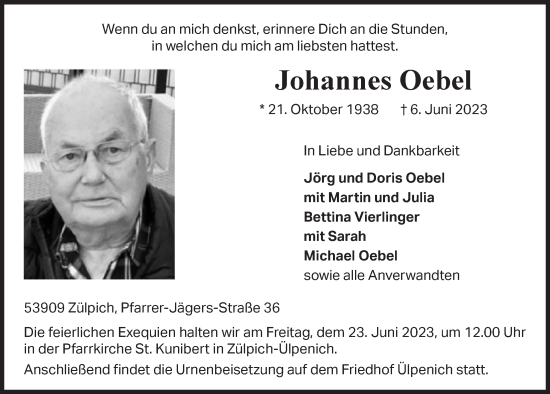 Anzeige von Johannes Oebel von  Blickpunkt Euskirchen 