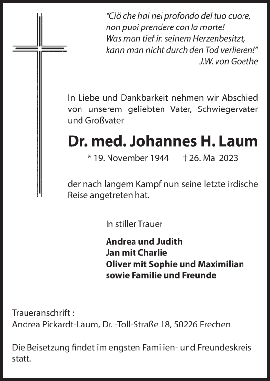 Anzeige von Johannes H. Laum von  Wochenende 