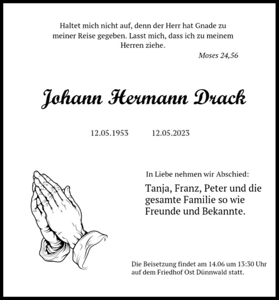 Anzeige von Johann Hermann Drack von Kölner Stadt-Anzeiger / Kölnische Rundschau / Express